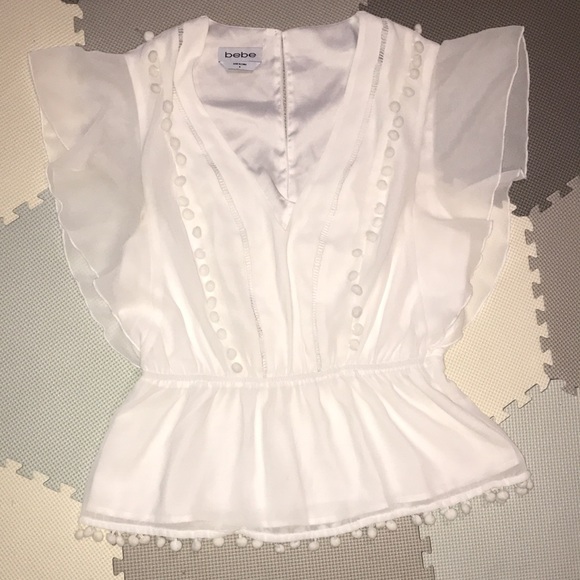 Bebe Pom Ruffle Drop Waist White Blouse Chiffon Top V-Neck Sheer Work Career - Picture 4 of 14
